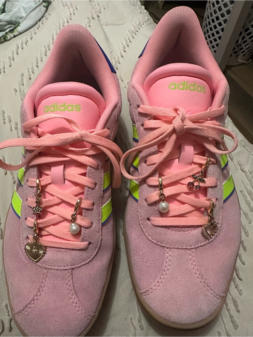 adidas Pink Suede Women’s Sneakers with Neon Yellow Stripes